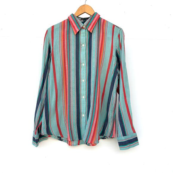 Vintage Ralph Lauren Women’s LRL Cotton Striped Button Down Shirt Large Teal - Picture 3 of 11